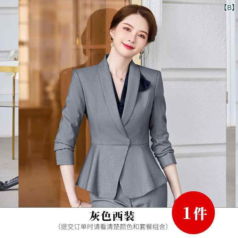 ビジネススーツ レディース 長袖 セットアップ オフィス 通勤 エレガント ホテル 受付 美容師 宝飾店 事務服 ポリエステル レーヨン 混紡 ブラック グレー ブルー