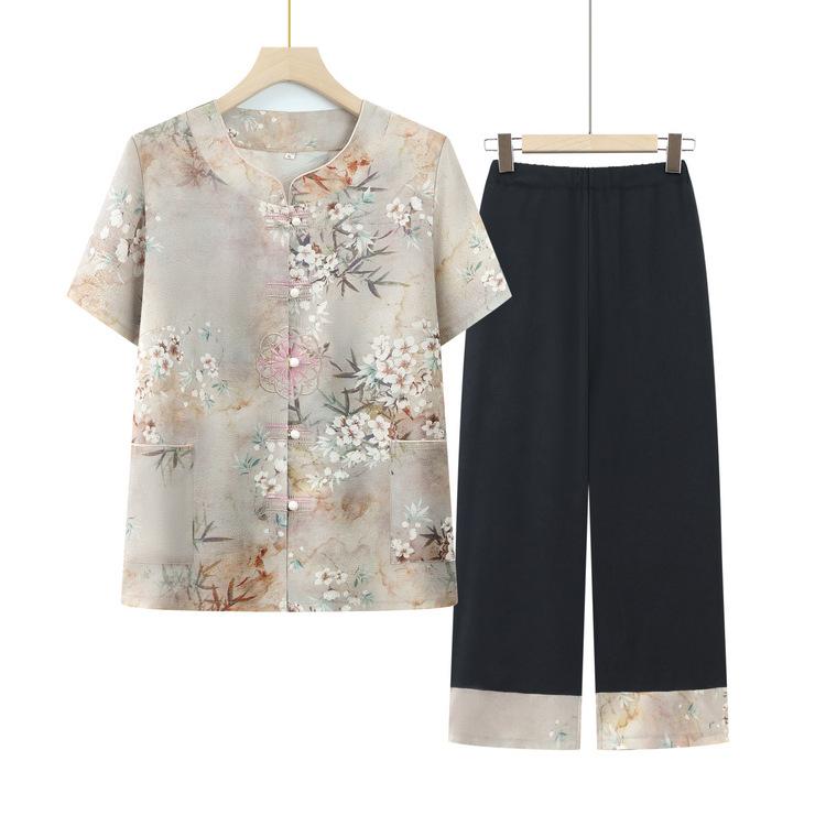 セットアップ レディース 中高齢 ママ 春夏 薄手 半袖 シャツ ブラウス パンツ ゆったり 体型カバー 花柄 涼しい 普段着 カジュアル