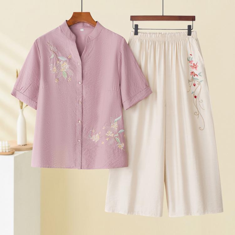 セットアップ レディース ミセス 中高年女性 チャイナ風 おしゃれ 半袖開襟シャツ 九分丈パンツ ゆったり 薄手 ポリエステル素材 春夏 ..