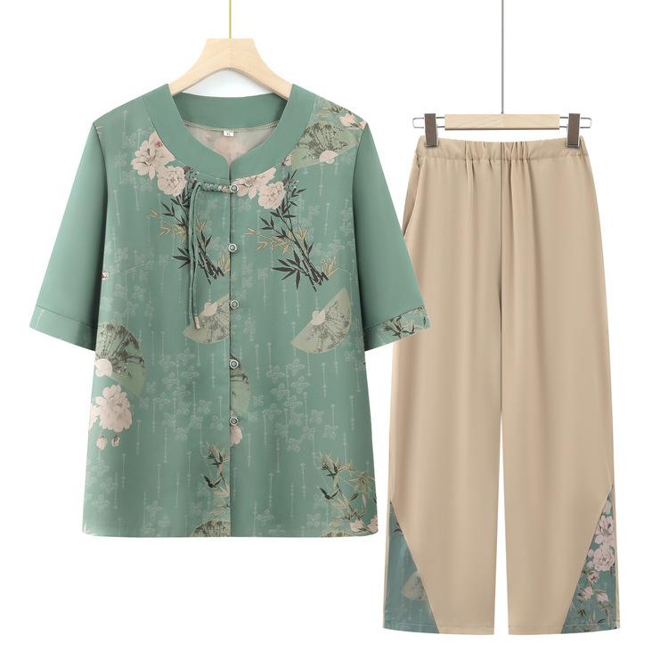 セットアップ レディース シニア 60代 70代 ママ おばあちゃん 夏物 薄手 ゆったり 花柄 カーディガン風 トップス 九分丈パンツ ツーピース 上下セット