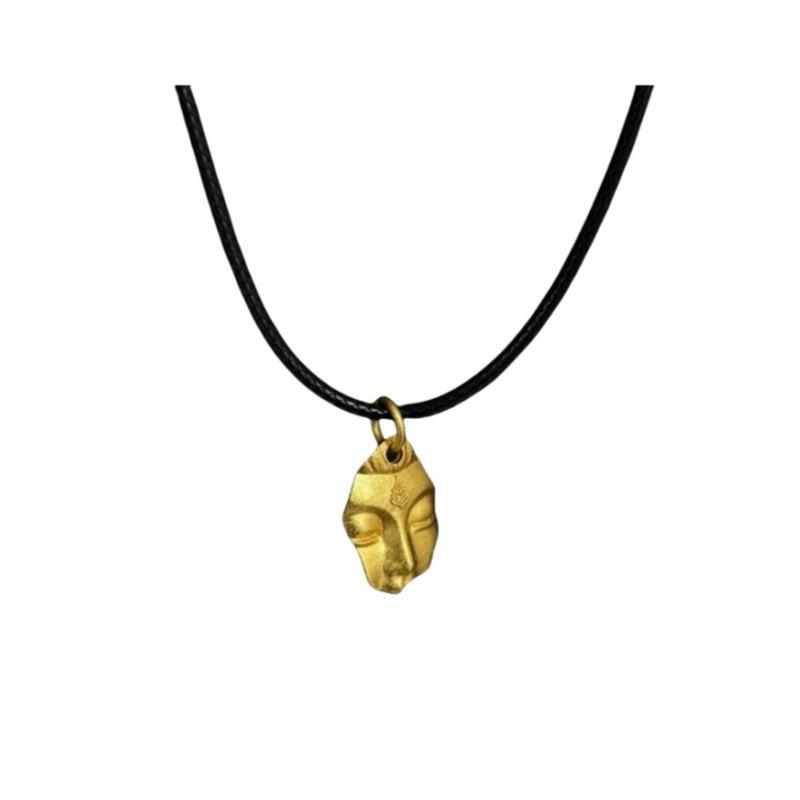ネックレス レディース 新中華風 ゴールドカラー 半顔観音モチーフ レトロ 国風 個性的 デザイン 合金製 電気メッキ加工 二重 黒 レザーコード チョーカー ショート丈(4)