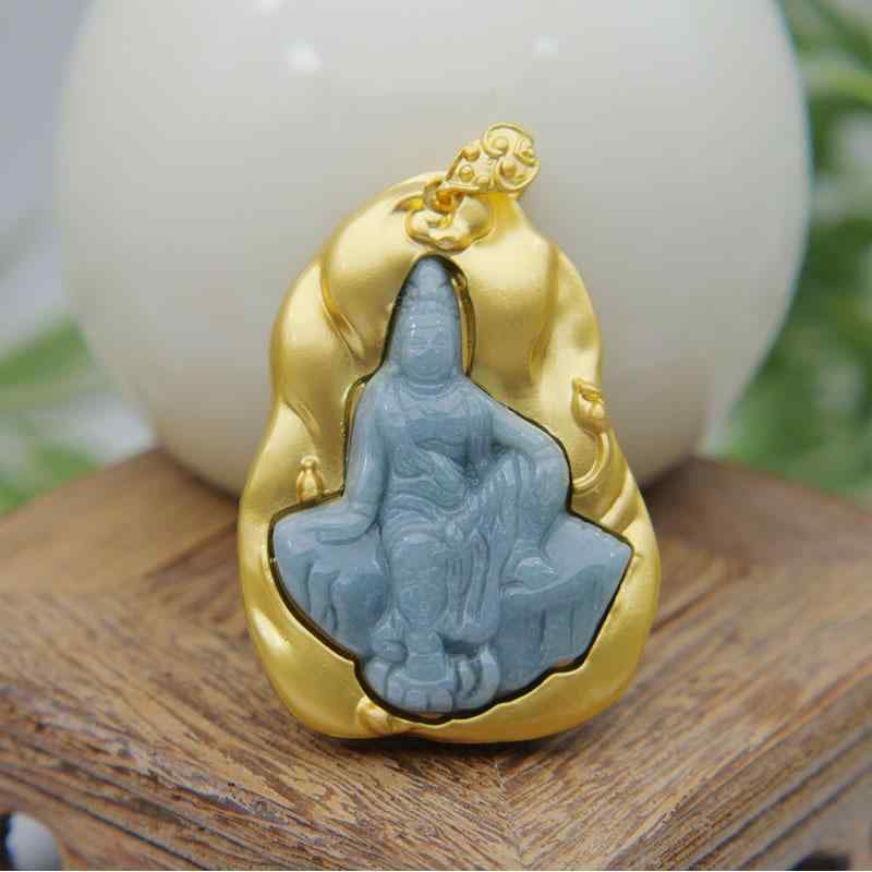 ネックレス ミャンマー産Aグレード翡翠 象嵌 電気メッキ加工 金 仏像 観音様 開運 吉祥柄 中国風 レト..
