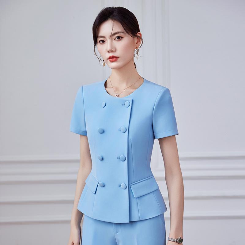 スーツ レディース 半袖 上品 OL通勤 ビジネス オフィス セットアップ 制服 ユニフォーム ホテル 受付 事務服 美容院 営業 宝飾店 フォーマル(x2)