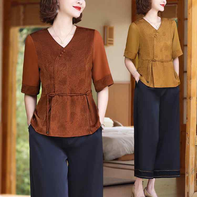 セットアップ レディース ミセス 薄手 ゆったり 着痩せ 体型カバー 新中華風 花柄 トップス パンツ 9分丈 2点セット 春夏 お出かけ デイリーウェア