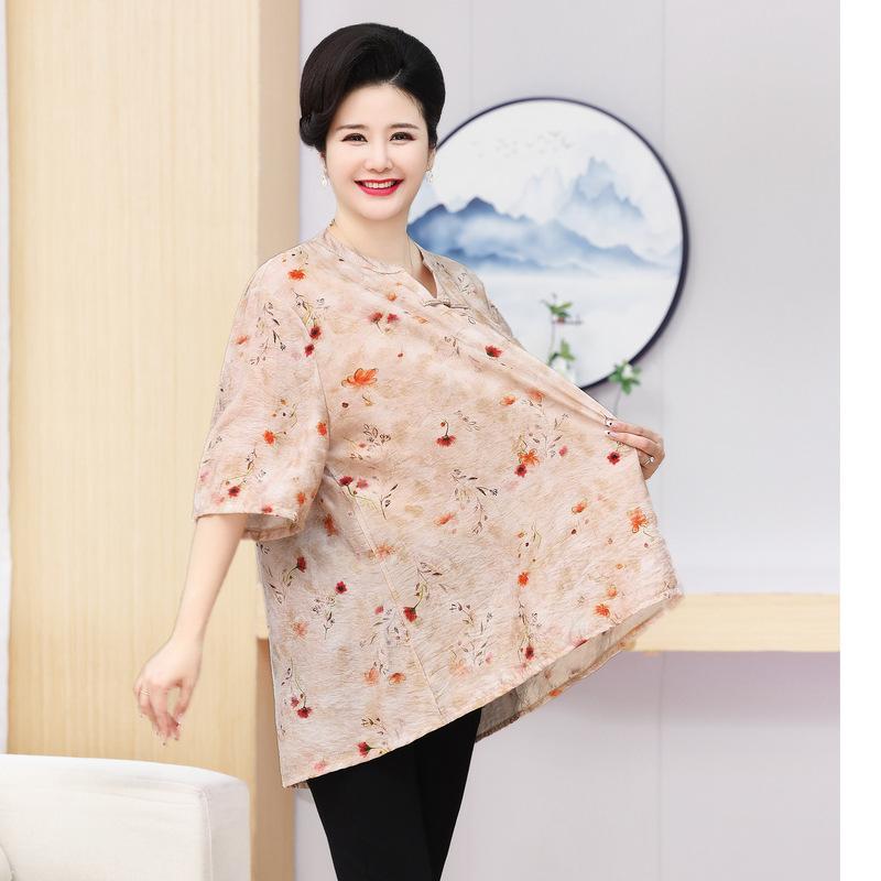 トップス レディース ママ ミセス 大きいサイズ ゆったり 体型カバー 若見え 春夏 半袖 Tシャツ ブラウス 薄手 エレガント 上品 きれいめ 通勤 カジュアル 花柄 スタンドカラー プルオーバー