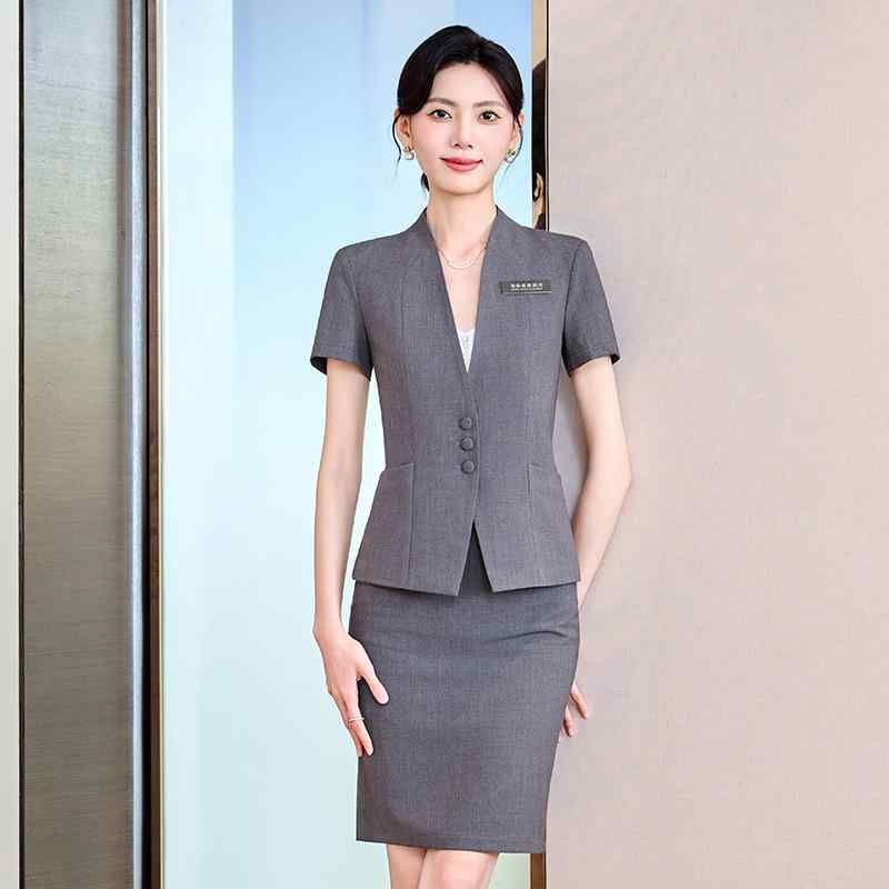 事務服 レディース 春夏 半袖 ジャケット セットアップ 快適 オフィス OL 通勤 宝飾店 ホテル フロント 受付 レジ サービス業 プロフェッショナル フォーマル ビジネス