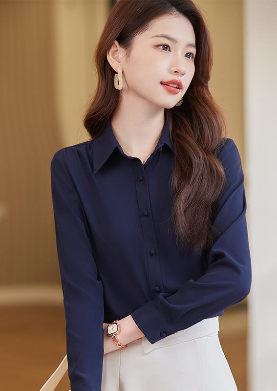 ブラウス レディース 春秋 韓国風 ノンアイロン加工 ポリエステル 通勤 オフィス ビジネス 長袖 透けにくい 襟付き 大きいサイズ対応