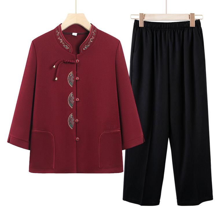 セットアップ レディース ミセス 中高年 女性 唐装風 チャイナシャツ ワッフル生地 花柄 トップス 9分丈パンツ 2点セット 春秋 薄手 ゆったり カジュアル