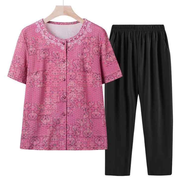 半袖シャツ セットアップ ツーピース レディース シニア ミセス 60代 70代 おばあちゃん 前開き 花柄 薄手 ゆったり トップス 九分丈パンツ 夏物 カジュアル