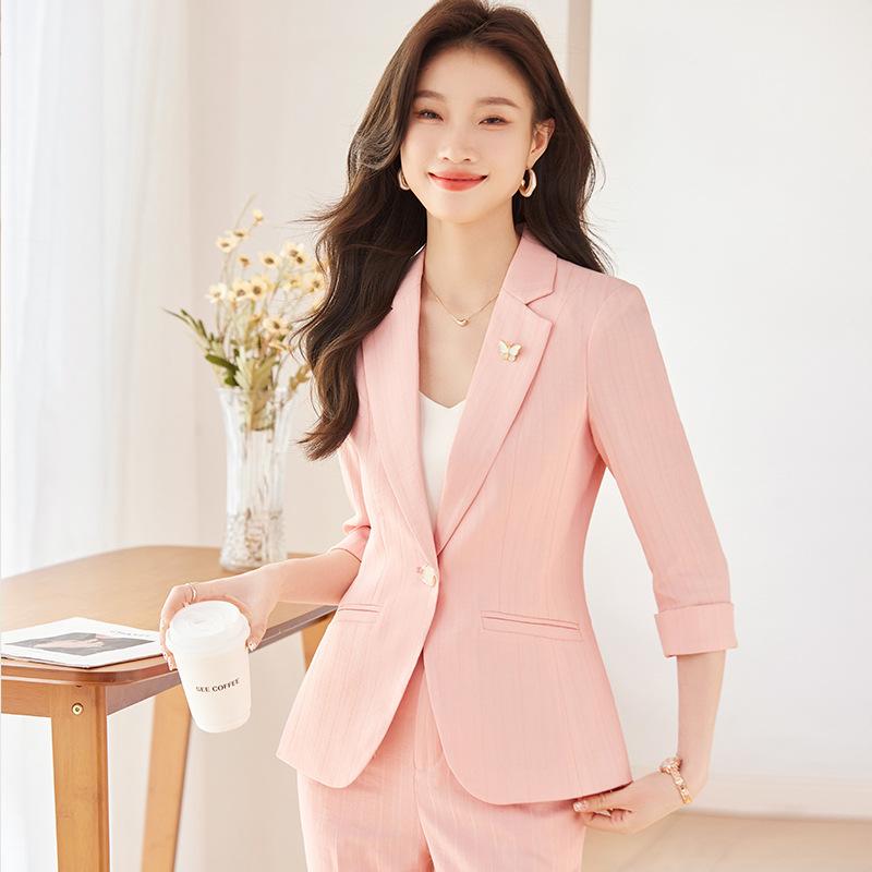 スタイルアップ 体系カバー セットアップ レディース テーラードジャケット 七分袖 ロングパンツ 春夏 通勤 オフィス カジュアル 韓国ファッション 上品 エレガント(x2)