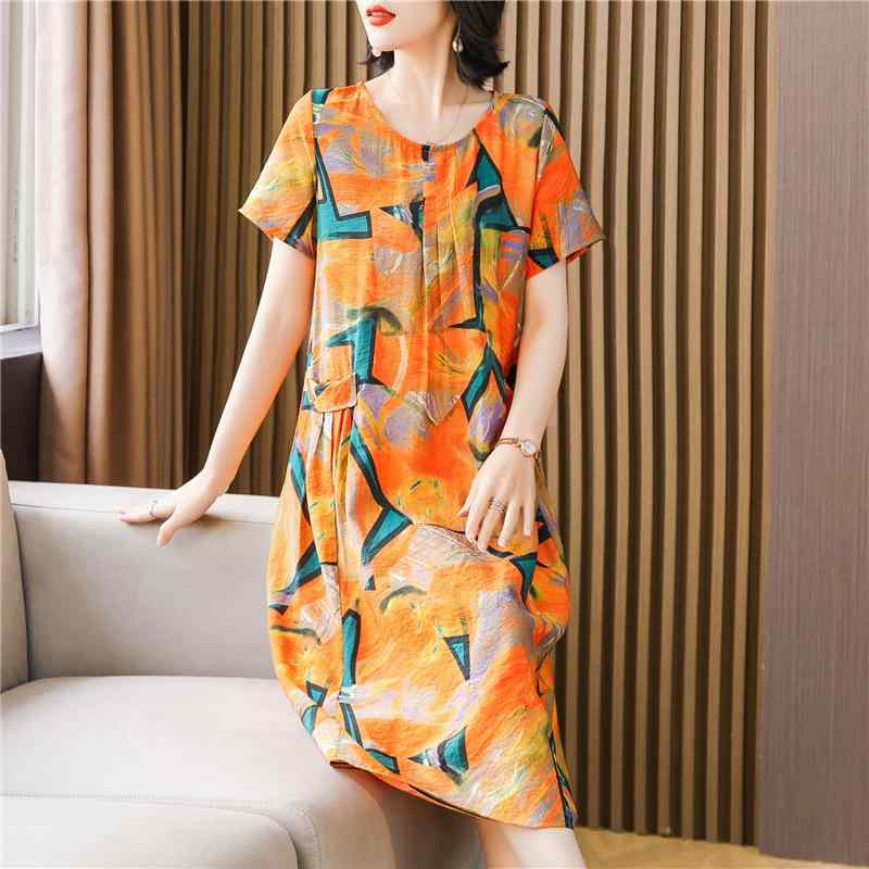 ルームワンピース レディース ママ ミセス 半袖 ゆったり 大きいサイズ 体型カバー 接触冷感 薄手 再生繊維 レーヨン 竹繊維 ラウンドネック プリント柄 部屋着 パジャマ 春夏