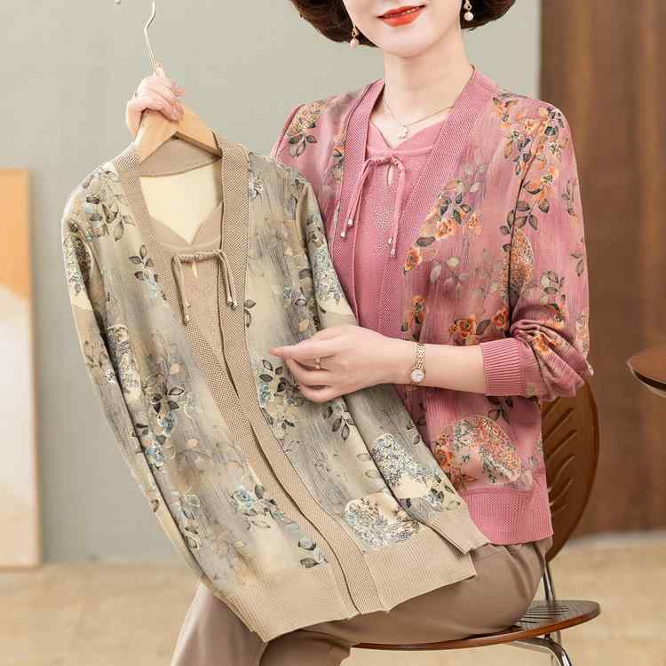 カーディガン レディース ミセス 中高年向け 薄手 ニットセーター 春秋 花柄 フェイクレイヤード ゆったり 重ね着風 おしゃれ
