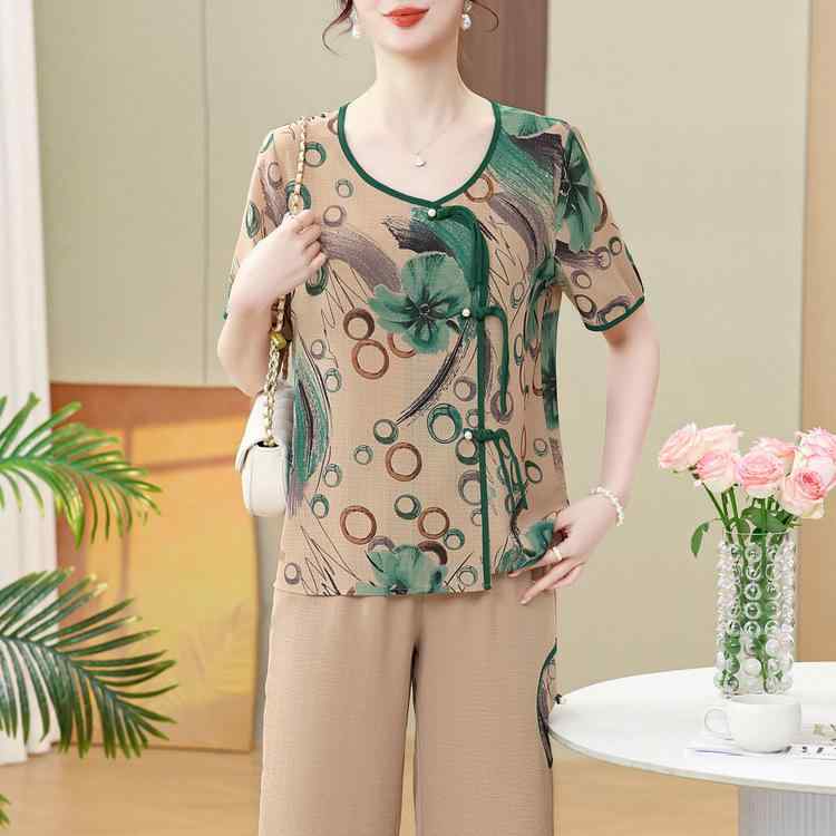 セットアップ レディース カジュアル 春夏 ママ向け ツーピース ゆったり 半袖 トップス 七分丈パンツ 花柄 ラウンドネック 薄手 きれいめ