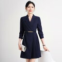 ワンピース レディース 通勤 オフィスウェア 制服 受付 美容院 営業 上品 エレガント きれいめ 長袖 ミディ丈 プリーツスカート テーラードカラー ハイウエスト 切り替え ファスナー ポリエステル(x2)