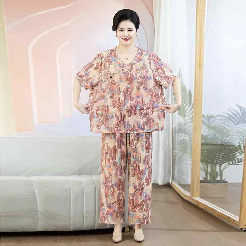 セットアップ レディース ミセス 大きいサイズ ゆったり 体型カバー 着痩せ効果 薄手 ストレッチ素材 春夏 花柄 半袖 九分丈パンツ 上下セット 通勤 オフィスカジュアル