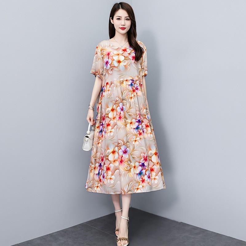 ワンピース ミセス 中高年女性 上質 コットンレーヨン 3D立体プリント 半袖 ゆったり Aライン ロング丈 ラウンドネック ポケット付き エレガント 通勤