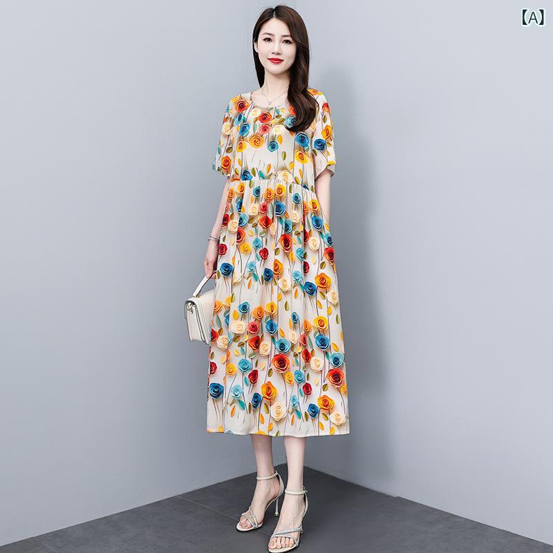 ワンピース ミセス 中高年女性 上質 コットンレーヨン 3D立体プリント 半袖 ゆったり Aライン ロング丈 ラウンドネック ポケット付き エレガント 通勤