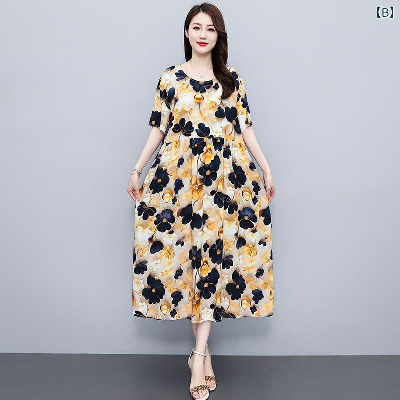 ワンピース ミセス 中高年女性 上質 コットンレーヨン 3D立体プリント 半袖 ゆったり Aライン ロング丈 ラウンドネック ポケット付き エレガント 通勤
