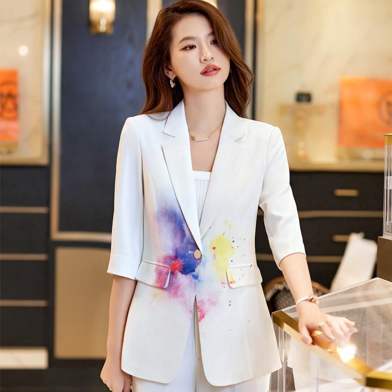 セットアップ レディース 春夏 白 プリント 五分袖 パワーショルダー テーラードジャケット ストレートパンツ きれいめカジュアル オフィスカジュアル おしゃれ トレンド スリムフィット ポリエステル混紡(x2)
