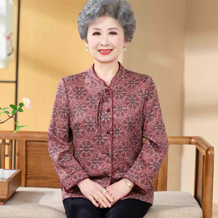 シャツ レディース 中高年向け 春秋 長袖 ブラウス 羽織り カジュアル 上品 チャイナ風 ポケット付き プリント ポリエステル素材(4)