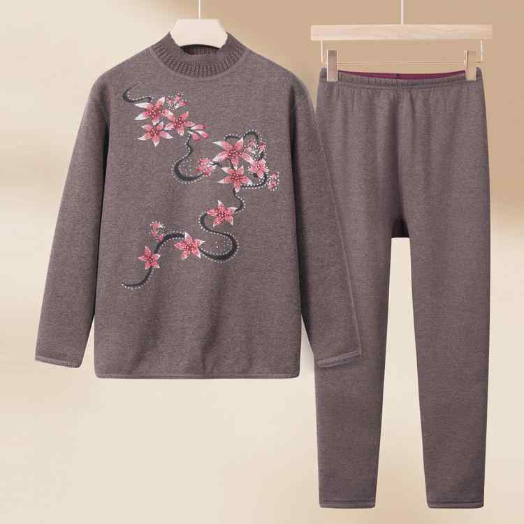 インナー レディース 保温 厚手 シニア向け 上下セット 花柄 ルームウェア 秋冬 2点セット 部屋着 ゆったり 暖かい 防寒 冷え対策 肌着 パジャマ ブラウン パープル あったか