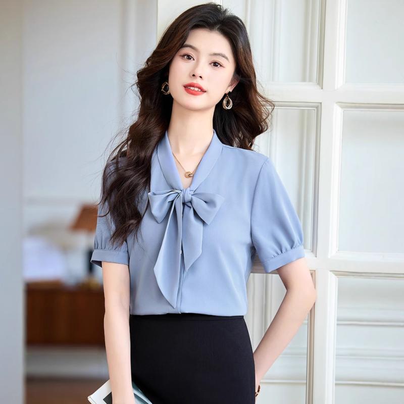 シャツ レディース 半袖 薄手 春夏 形態安定 Vネック リボン ブラウス 白 ホワイト オフィス 通勤 ビジ..