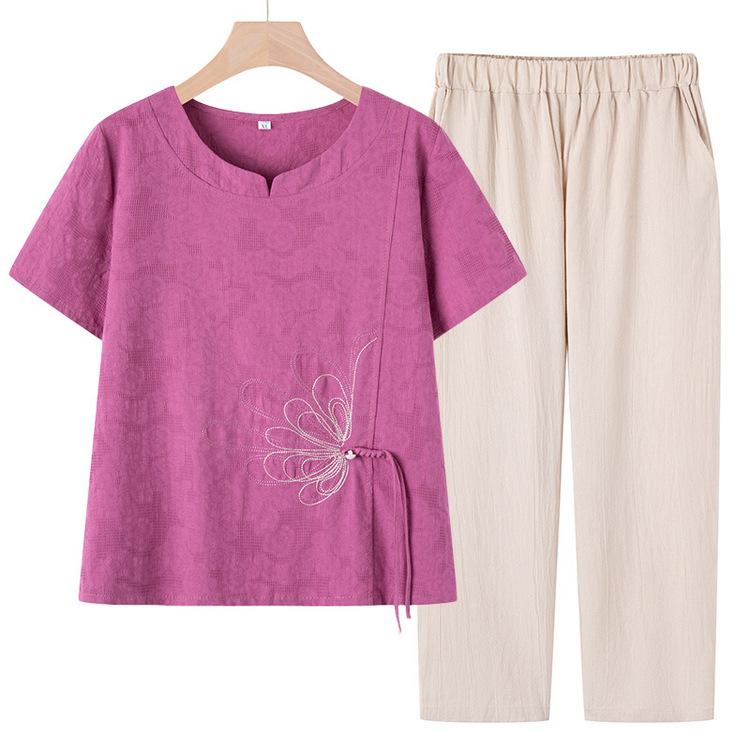 セットアップ レディース 綿麻 刺繍 薄手 ゆったり 体型カバー カジュアル リラックスウェア 部屋着 半袖トップス クロップドパンツ 2点セット ミセス 50代 60代 大きいサイズ パープル レッド ブルー 春夏