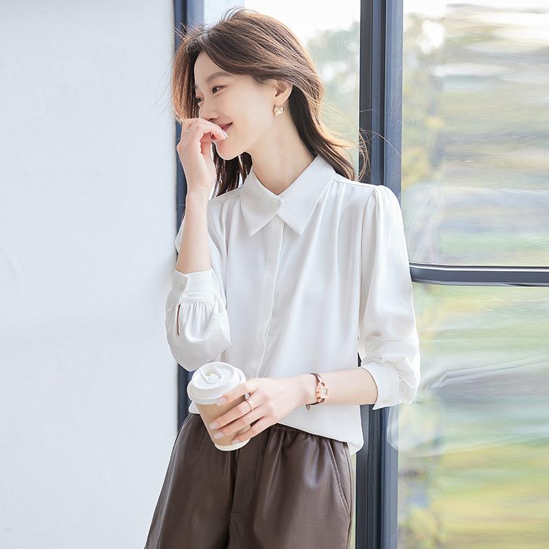 シャツ レディース フレンチスタイル ゆったり 長袖 無地 上品 エレガント オフィス 通勤 ブラウス 春..
