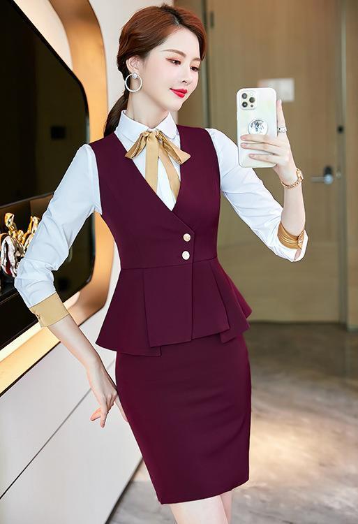 セットアップ レディース 秋冬 ストレッチ 伸縮性 オフィス ビジネス 通勤 ベスト スリーピース 3点セット ホテル 美容院 美容師 受付 ユニフォーム 制服(x2)