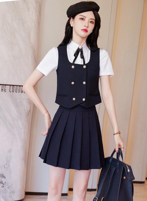 レディース スーツ セットアップ 半袖シャツ ベスト プリーツスカート 3点セット ビジネス 制服 OL オフィススタイル 通勤 幼稚園教諭 保育士 大学生 ポリエステル素材(x2)