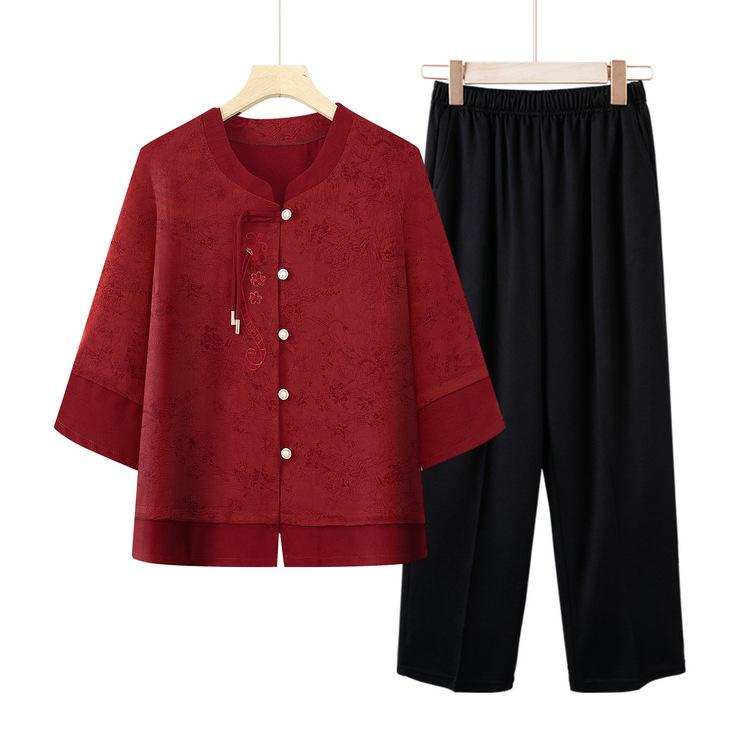 レディース ミセス シニア向け セットアップ 半袖 ブラウス チャイナ風 エレガント 上品 ゆったり 体型カバー 夏 おしゃれ 通勤