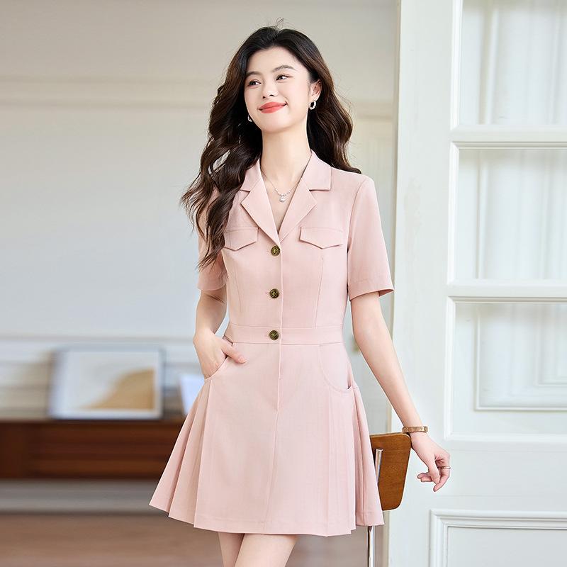 ワンピース レディース 半袖 シワになりにくい ピンク 制服 オフィス 事務服 美容師 ワークウェア 通勤用 Aライン エレガント 春夏 襟付き ファスナー ポリエステル(x2)