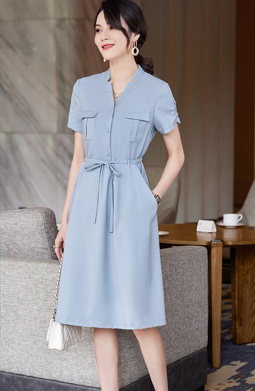 ワンピース レディース 春夏 半袖 ブラック オフィス 通勤 ビジネス 面接 制服 大きいサイズ対応 受付 ホテル ジュエリーショップ 接客 Vネック Aライン...