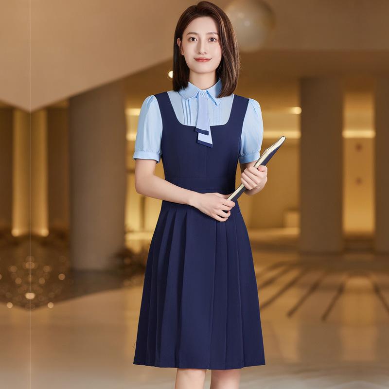 ワンピース レディース 半袖 春夏 しわになりにくい Aライン 襟付き ミディ丈 ネイビー 幼稚園教諭 保育士 事務服 仕事着 通勤 オフィス エレガント ポリ...