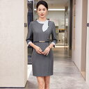 ワンピース スカーフリボン 七分袖 クルーネック タイトスカート ポリエステル素材 制服 宝石店 ホテル受付 美容師 オフィス 通勤 上品 エレガント ミディ丈 春夏(x2)