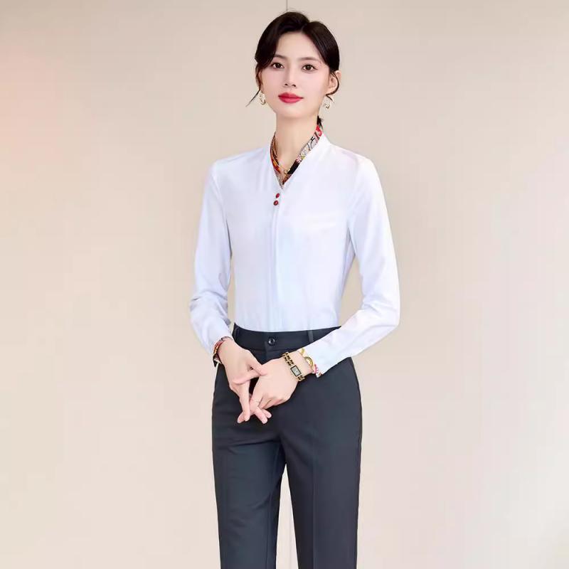 ブラウス レディース オフィス 制服 事務服 ホテル フロント 航空会社 客室乗務員 通勤 Vネック 長袖 切り替え 竹繊維 ポリエステル エレガント 吸湿速乾 秋