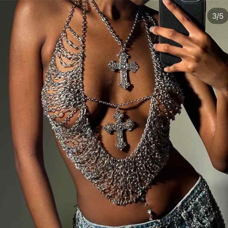 ボディチェーン レディース セクシー ブラジャー型 メタル タッセル ラインストーン クロス ナイトクラブ 欧米風 ストリートカジュアル