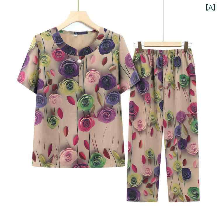パジャマ レディース 薄手 立体プリント 花柄 半袖 九分丈パンツ ミセス シニア 2点セット セットアップ ゆったり リラックスフィット 部屋着 ルームウェア 春夏 おしゃれ
