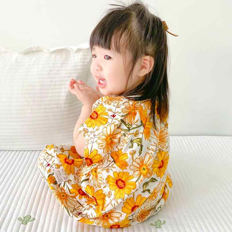 キッズ 女の子 ベビー 吸汗速乾 接触冷感 薄手 ルームウェア パジャマ スリーパー ワンピース 肌に優しい 竹繊維 コットン ダブルガーゼ 半袖 黄花柄 総柄(x2)