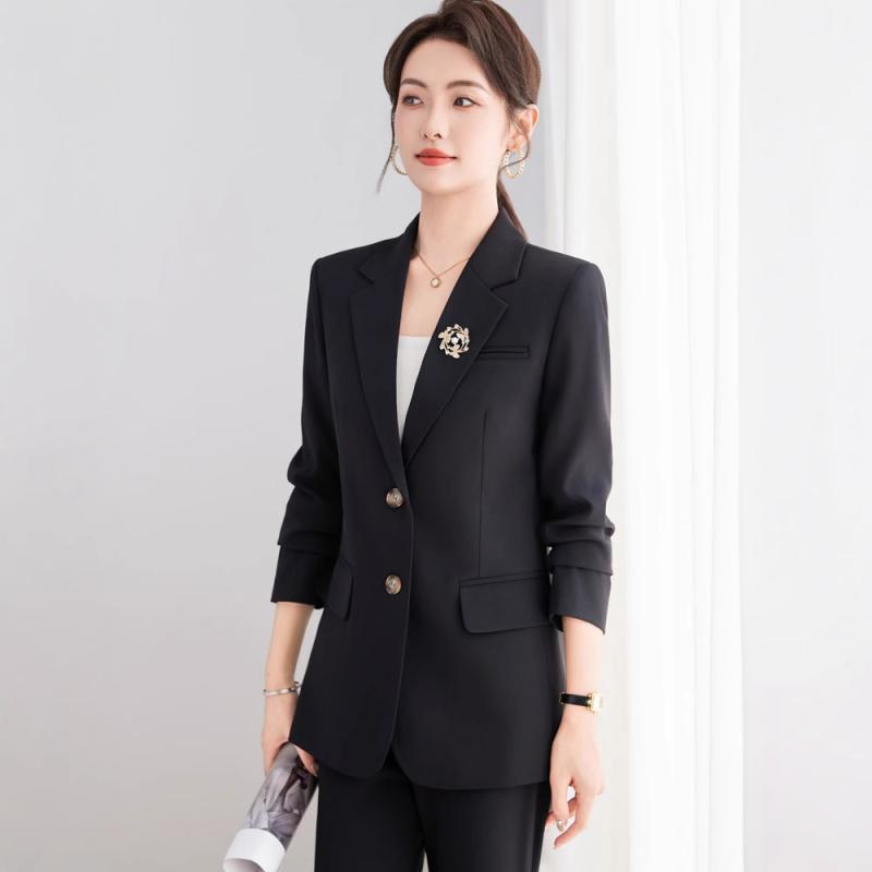 スーツ レディース 黒色 セットアップ ジャケット パンツ 春夏 ホテル制服 オフィス事務服 ビジネス フォーマル 通勤 面接 セレモニー エレガント 上品 司会者 ポリエステル ストレッチ