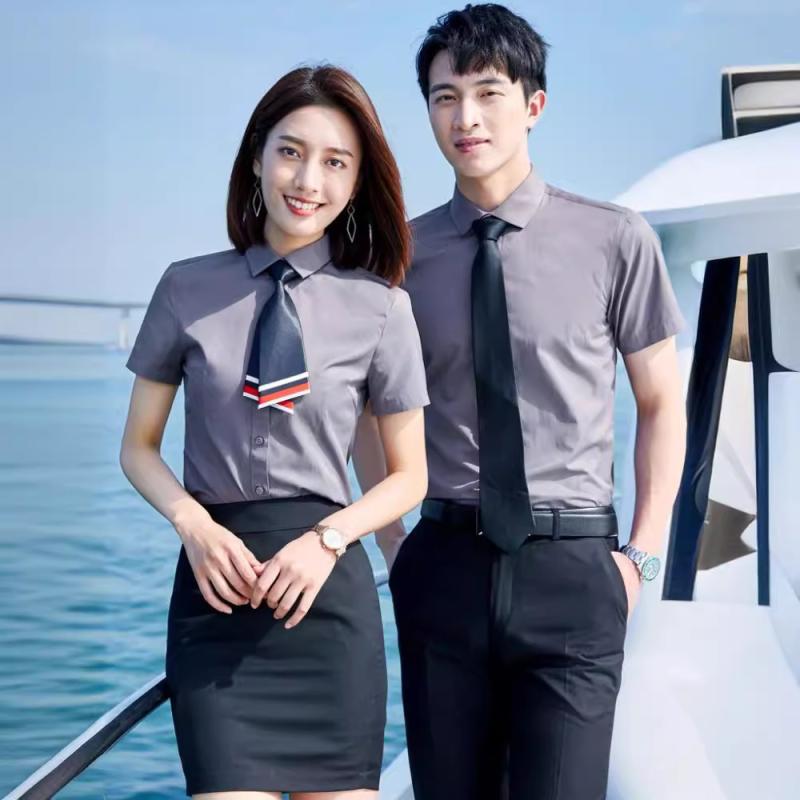 シャツ レディース 男女兼用 通勤 オフィス ビジネス 制服 作業服 半袖 白 大きいサイズ セットアップ 刺繍入り 形態安定 ポリエステル綿混 スリムフィット 角襟 春夏 無地