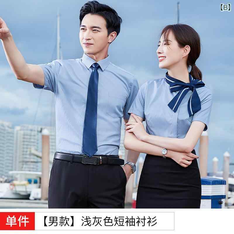 シャツ 男女兼用 形態安定 吸汗速乾 薄手 半袖 レギュラーカラー 無地 ビジネス オフィス 通勤 ホテル フロント マネージャー ジュエリーショップ 制服 スリムフィット ストレッチ