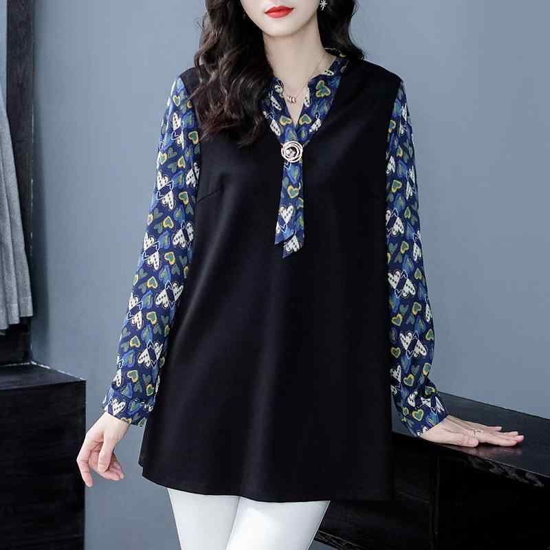 ブラウス レディース 大きいサイズ ゆったり 長袖 シフォン切り替え ボウタイ ピーターパンカラー 薄手 プルオーバー ブラック 着痩せ