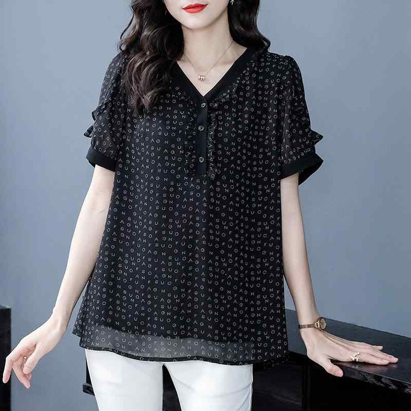 ブラウス レディース ミセス プラスサイズ 夏 Vネック 半袖 小花柄 着痩せ ゆったり シフォン ブラック 通勤スタイル 大人カジュアル