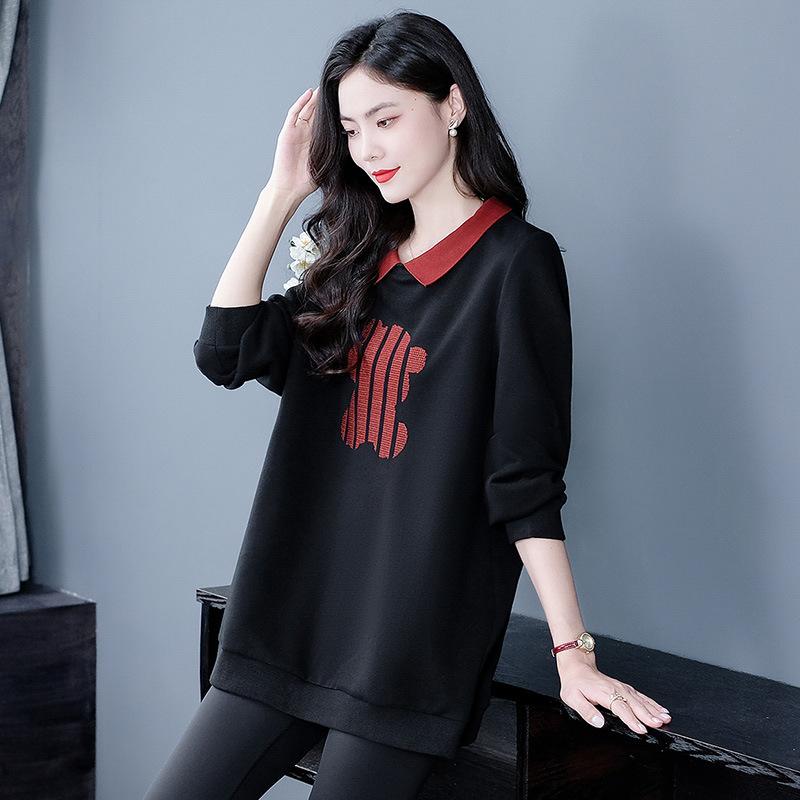 スウェット レディース 大きいサイズ 裏起毛 厚手 着痩せ効果 韓国風 おしゃれ カジュアル ゆったり コットン ポリエステル 黒 ママ向け 秋冬 トップス