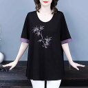 Tシャツ レディース 大きいサイズ 春夏 体型カバー ゆったり エレガント 上品 ミセス 刺繍 ポリエステル シフォン ピーターパンカラー カジュアル 通勤 ブラック