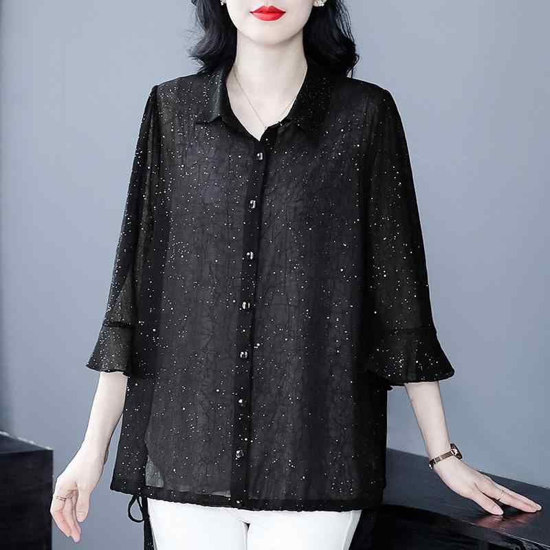 ブラウス レディース ミセス 春夏 ゆったり 体型カバー 薄手 シフォン 再生繊維 ポリエステル 長袖 ボタン付き 前開き 羽織り 着痩せ 上品 着回し カジュアル きれいめ