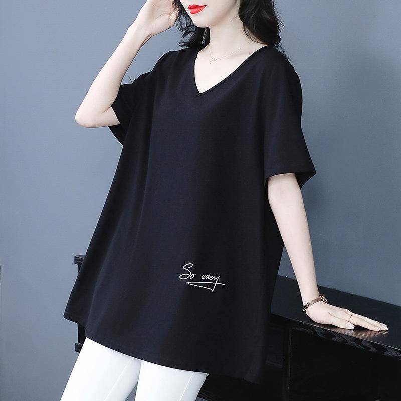 Tシャツ レディース 大きいサイズ ゆったり 体型カバー Vネック プリント柄 半袖 カジュアル ママ ミセ..