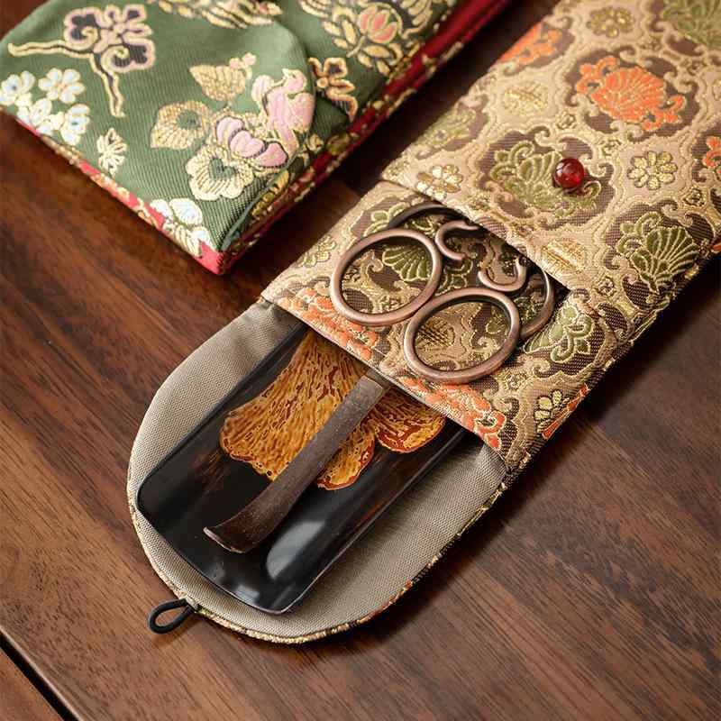 茶道具 収納ポーチ 約20.5×8cm 布製 茶則 はさみ 茶挟 茶刀 六君子セット 小物入れ ペンケース 持ち運..