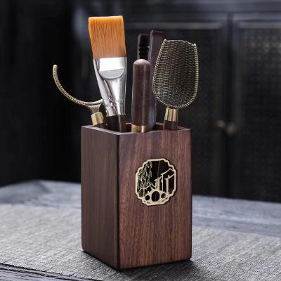 茶器収納 ウエンジウッド 無垢材 茶道六君子ツールスタンド 真鍮装飾 中華風 和モダン 卓上 茶道具整理筒 ペン立て兼用 上質 おしゃれ